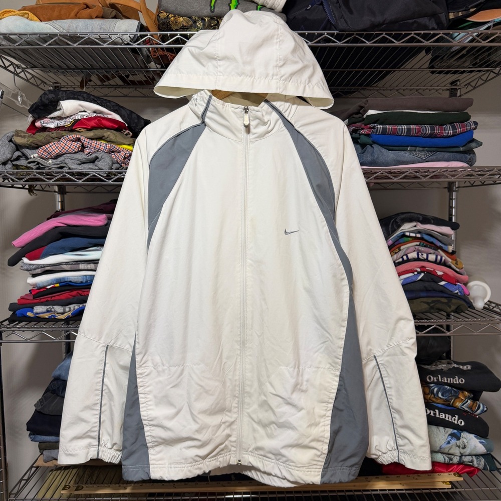 Nike Windbreaker Jacket Mens XL White Grey Hooded Full Zip Mesh Lined Sportswear